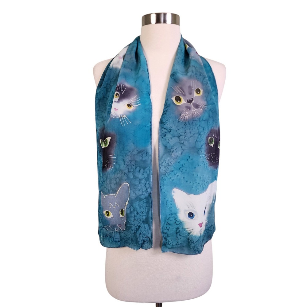 Silk Cat Scarf Teal Blue Wearable Art Hand Painted